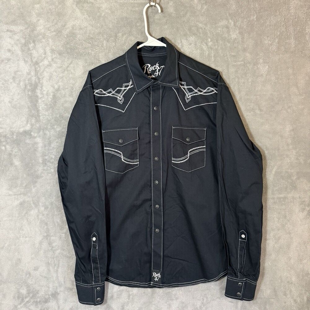 Rock 47 by Wrangler Men's Shirt Men Sz M Black Pearl Snap Western Embroidered